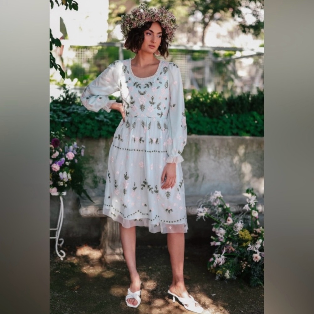 JessaKae light blue Long Sleeve Floral Embroidered Midi Dress